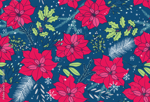 Doodled Christmas Poinsettia Floral Seamless Vector Pattern with Holly, Mistletoe, Pine, and Berries. Trendy colors and textures.