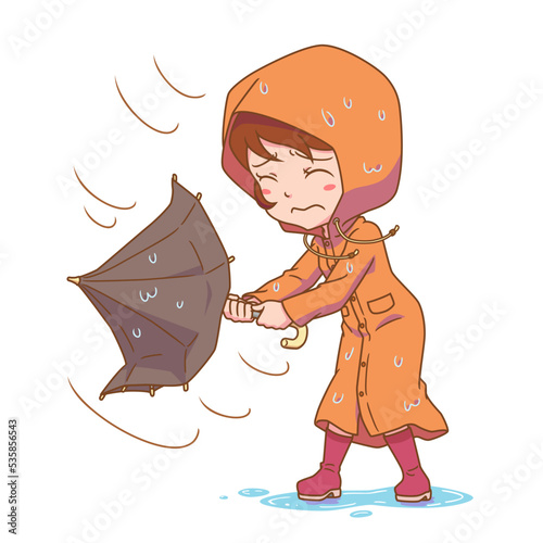 Cartoon character of girl holding broken umbrella in rainstorm.
