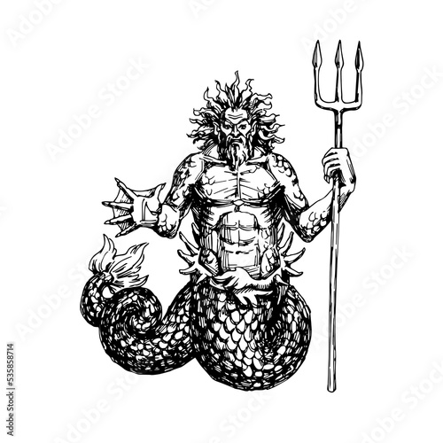 Triton, the ancient Greek God of the depths of the sea with a trident. Logo or emblem for diving. Vector illustration with black ink lines isolated on a white background in a hand drawn style. photo