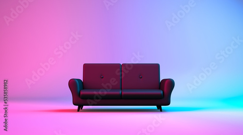 Obraz na plátne 3D rendering, Close up sofa mockup with neon light and color background