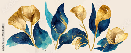abstract art background with golden and blue calla flower, banner