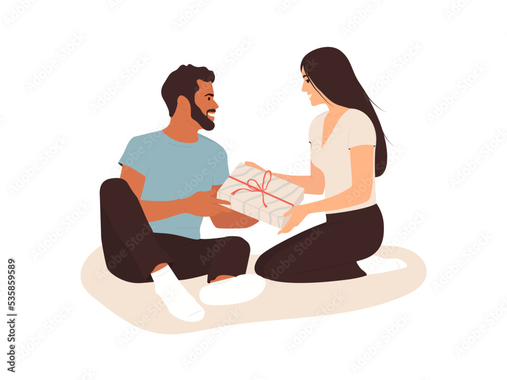 The happy couple exchanging gifts. A happy man and woman sit next to each other with a gift in their hands isolated on a white background. Flat vector illustration