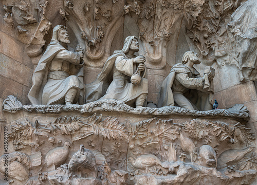 Detail der Geburtsfassade der Sagrada Familia, Sühnekirche der heiligen Familie, von Antoni Gaudí, Barcelona, Katalonien, Spanien,