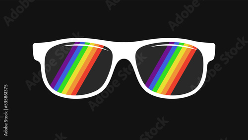 White sunglasses with a reflection of the rainbow LGBT flag on the lenses on a black background