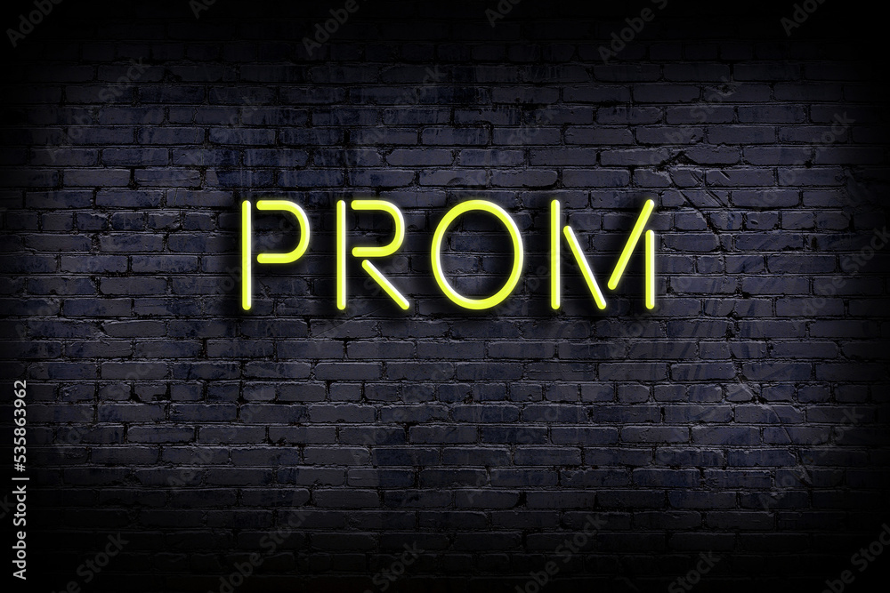 Neon sign. Word prom against brick wall. Night view - obrazy, fototapety, plakaty 