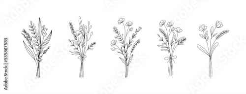 Set of cute trendy hand drawn floral bouquets. Vector line flower illustrations for stories highlights, greeting card or invitation and logo design 
 #535867583