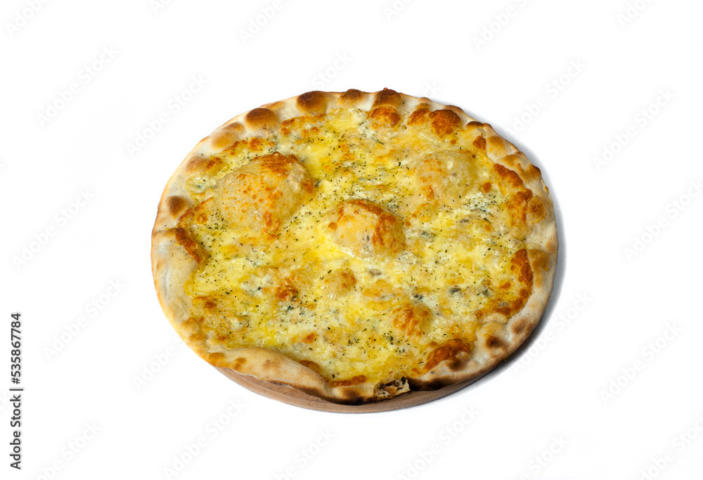 Cheese pizza served on wooden board Cheese pizza served on wooden board