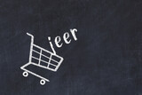 Chalk drawing of shopping cart and word jeer on black chalboard. Concept of globalization and mass consuming