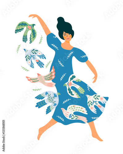 Woman and dove of peace. Vector isolated illustration. Elements for card, poster, flyer and other