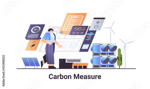 carbon measure concept businesswoman analyzing statistic data responsibility of co2 emission environment strategy © mast3r