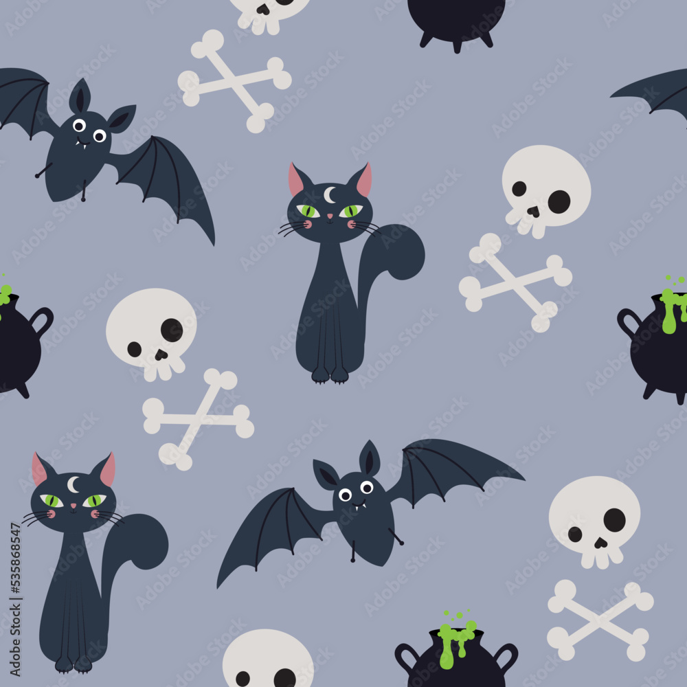 Pattern with cats, skulls and bats for Halloween