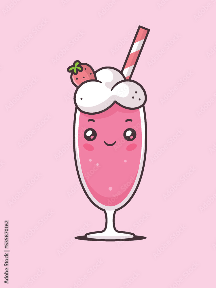 Strawberry milkshake kawaii vector cartoon illustration Stock Vector