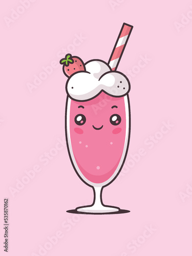 Strawberry milkshake kawaii vector cartoon illustration
