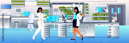 scientists team examining green plants in lab responsibility of co2 emission environmental conservation sustainable ESG development