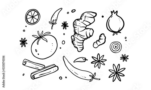 Set of illustration of vegetables and seasonings pattern in hand drawn design.