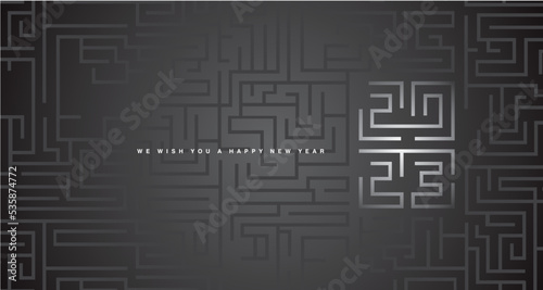 Happy New Year 2023 white black cyberspace high tech typography greek mystic meander ornament labyrinth abstract pattern black background