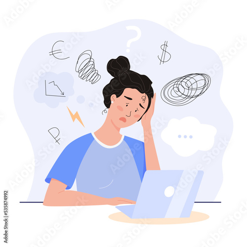 A young girl is sitting at a computer. A woman is stressed in the workplace. Project failure, crisis. Sad, tired mood in the office. Flat vector illustration