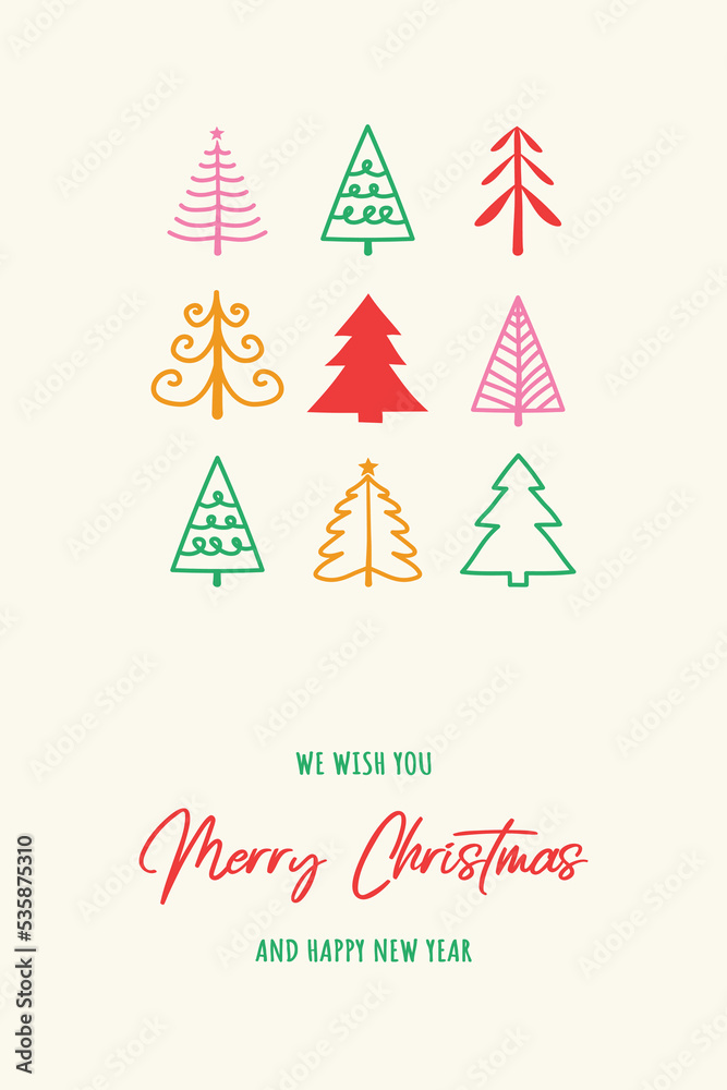 Colourful hand drawn trees. Christmas card. Vector illustration