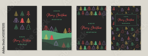 Set of Christmas greeting cards with decorative trees. Vector illustration