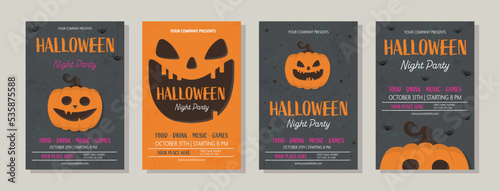 Halloween Night Party invitation with creepy pumpkin. Set of posters. Vector illustration