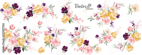 Set of floral branch. Flower pink rose, green leaves. Wedding concept with flowers. Floral poster, invite. Vector arrangements for greeting card or invitation design