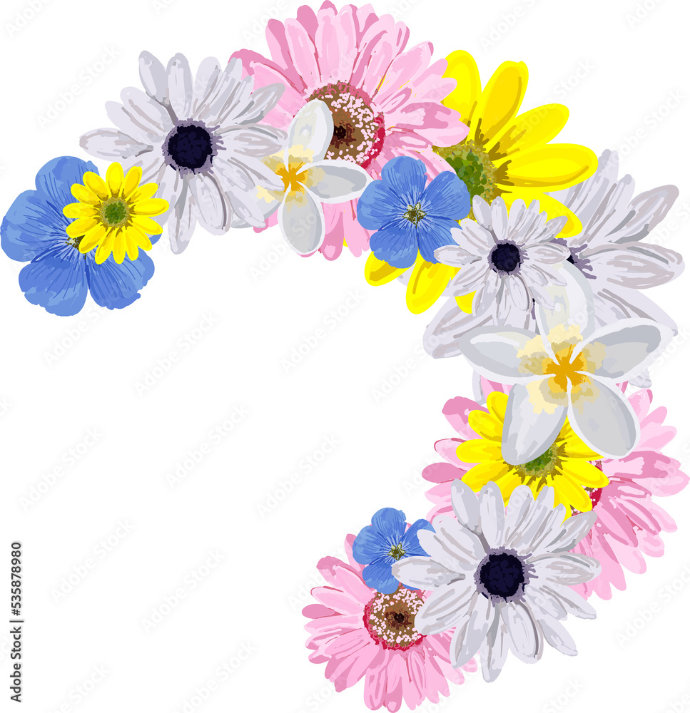 White, pink and blue flowers isolated. Realistic flowers. Chrysanthemum, chamomile, gerbera