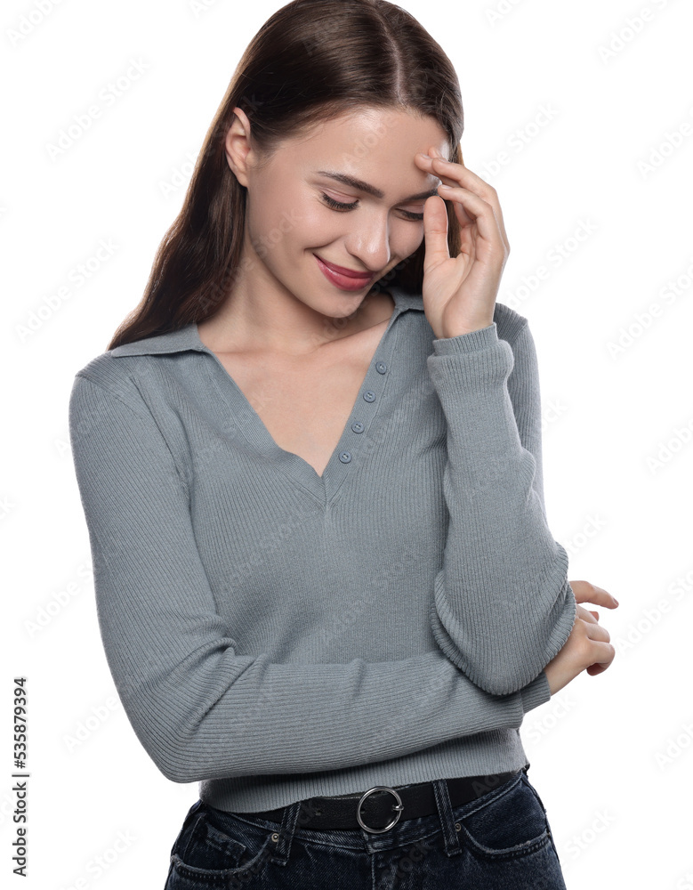 Embarrassed young woman covering face with hand on white background Embarrassed young woman covering face with hand on white background