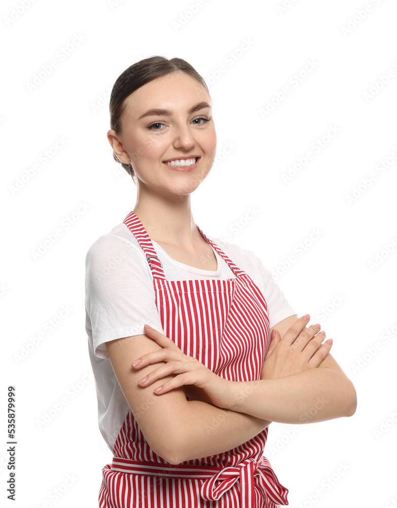 Beautiful young woman in clean striped apron on white background Beautiful young woman in clean striped apron on white background