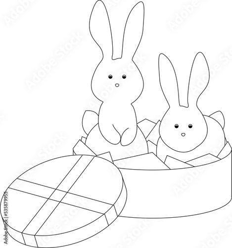Rabbits in a gift box. Vector one line illustration for the new year of the water rabbit 2023