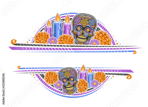 Vector border for Day of the Dead with copy space for congratulation text, greeting card with illustration of art design decorative skull, burning candles and festive flowers for day of dead on white