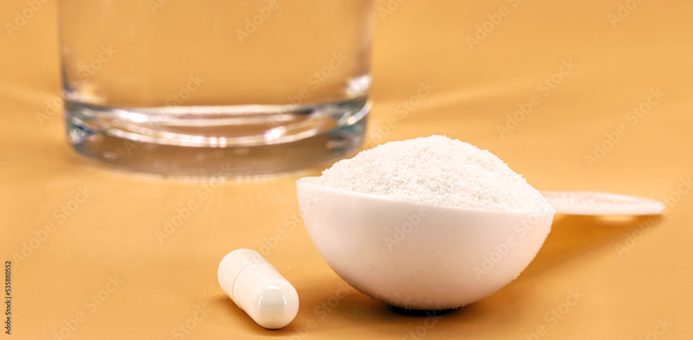 Hydrolyzed Collagen Powder, in the laboratory, pharmaceutical product for use in the food industry, isolated background and copyspace Hydrolyzed Collagen Powder, in the laboratory, pharmaceutical product for use in the food industry, isolated background and copyspace