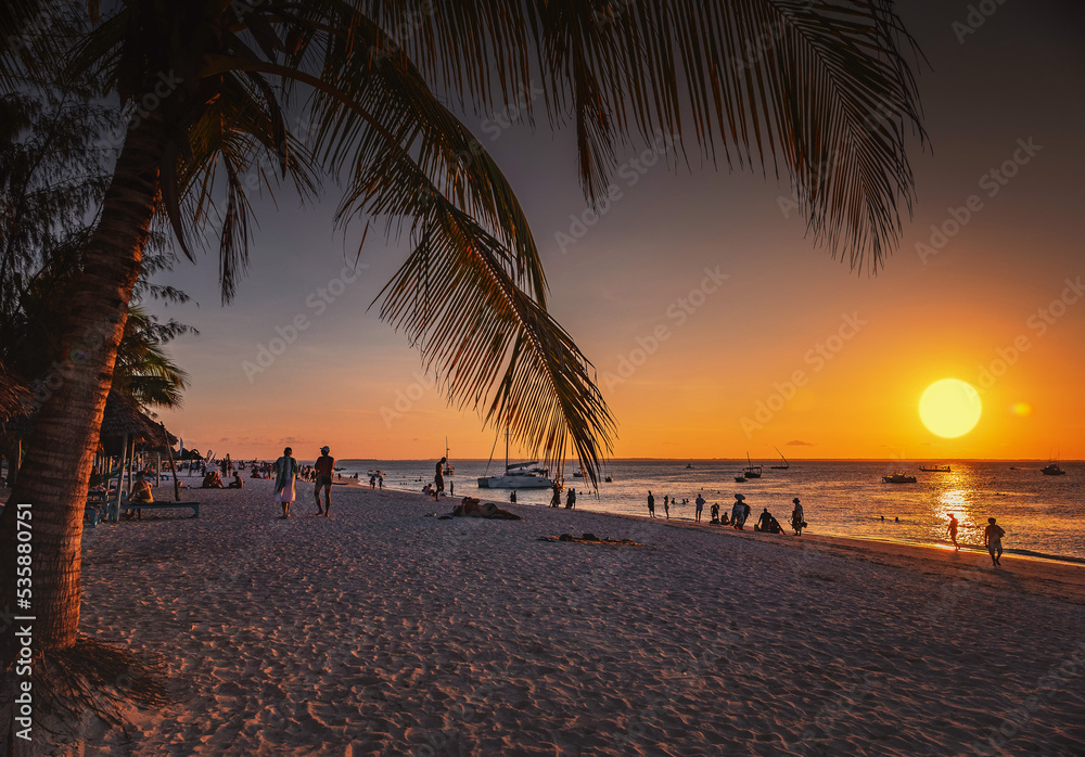 Sunset on Kendwa beach. Zanzibar, Tanzania - obrazy, fototapety, plakaty 