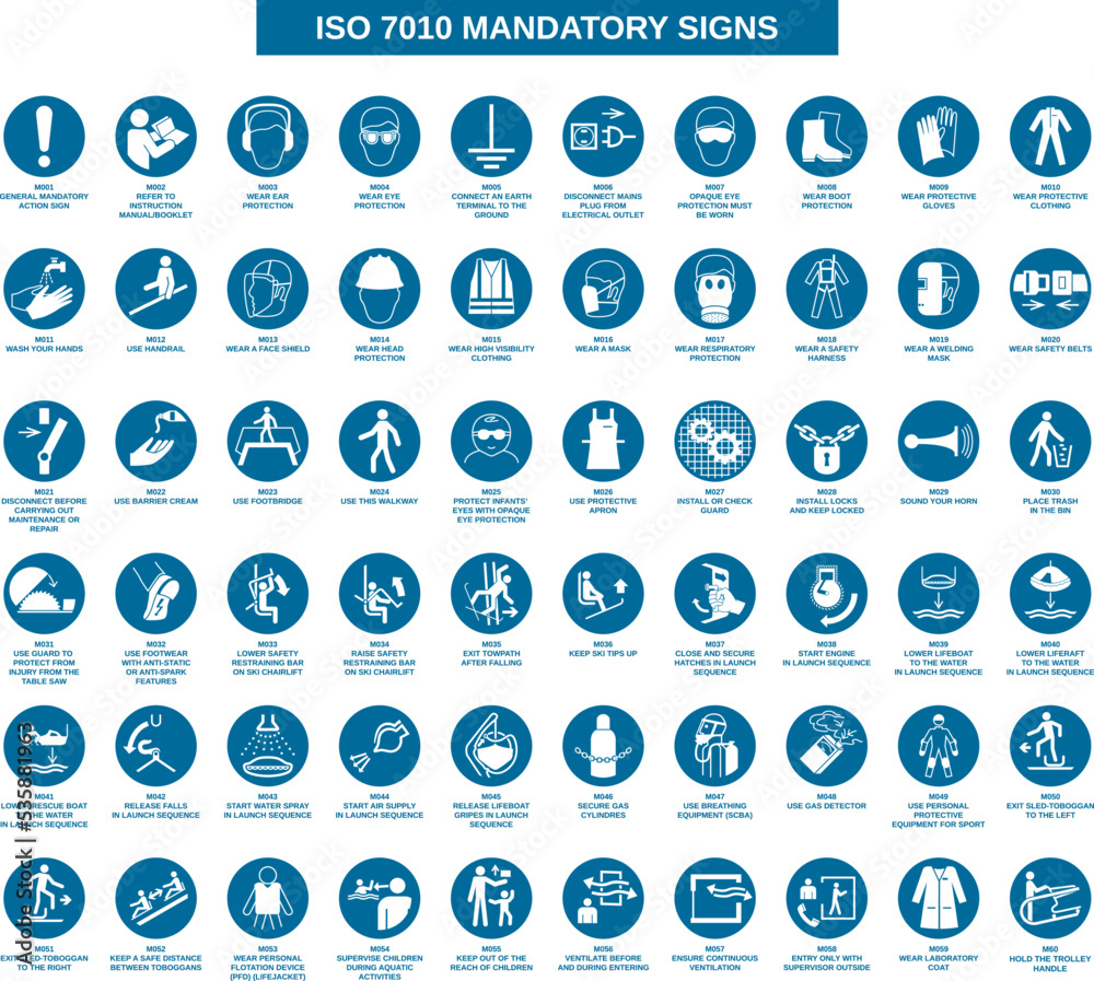 set of iso 7010 mandatory signs on white background set of iso 7010 mandatory signs on white background