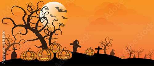 Halloween. City panorama in halloween style. Scary halloween isolated background. Orange and yellow background. Vector illustration.