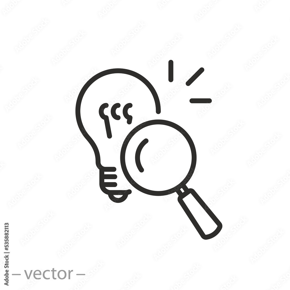 idea search icon, magnifier with light bulb, creative vision, thin line symbol on white background - editable stroke vector illustration eps10 idea search icon, magnifier with light bulb, creative vision, thin line symbol on white background - editable stroke vector illustration eps10