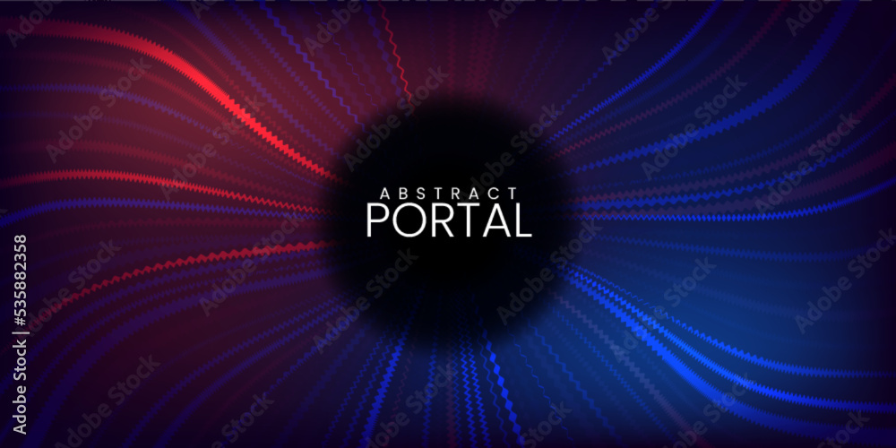 Colorful magic portal with glowing wavy spiral lines. Shining futuristic teleportation tunnel background