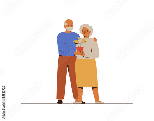 Senior Woman and man hold money tree together. Elderly couple grow plant with coins. Mature family makes capital from green investment. Funding concept. Revenue and income Vector illustration