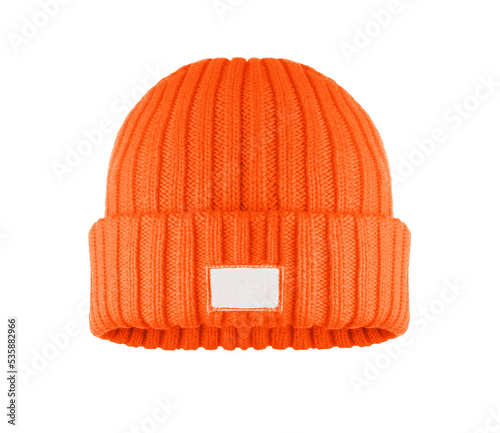 Cotton winter hat with label isolated on a white background