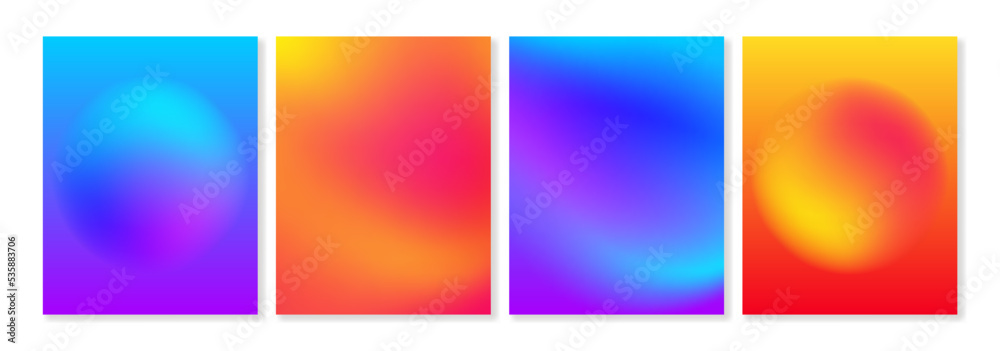 Set of gradient backgrounds in bright colors with blurry shapes. For brochures, booklets, banners, business cards, social media and other projects. You can use blurry shapes separately from background