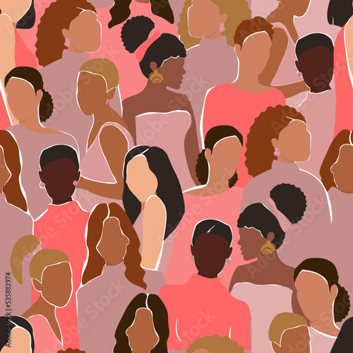 Seamless pattern with different women. Girls of different skin colors, nationalities, hairstyles and looks. The concept of equality, friendship, rights. Vector graphics.
