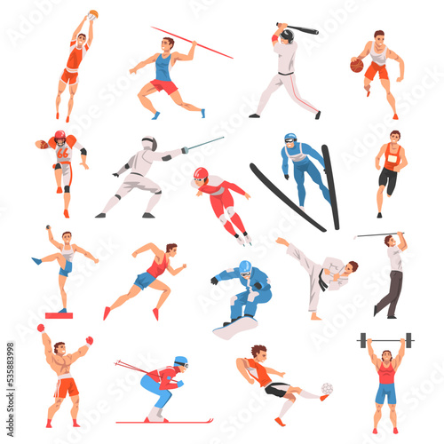 Professional Man Athlete and Sportsman Engaged in Sport Action Training Body Big Vector Set © topvectors