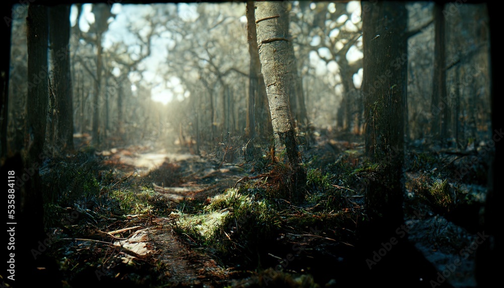 Fototapeta premium Realistic woods landscape 3D illustration with copy space and high trees and vast environment