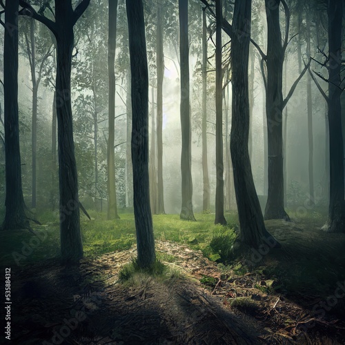 Wallpaper Mural Realistic woods landscape 3D illustration with copy space and high trees and vast environment  Torontodigital.ca