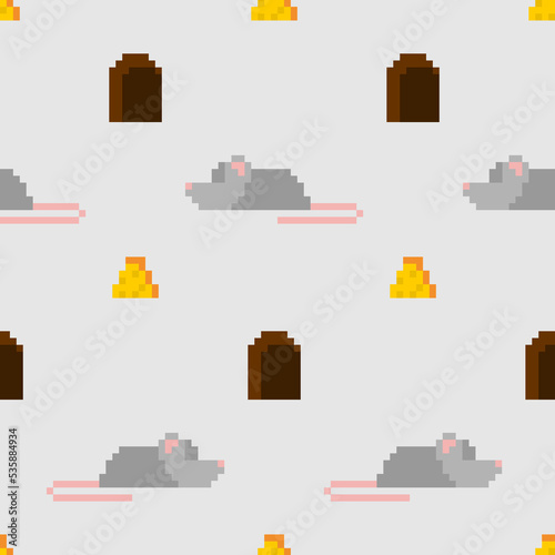 Pixel art Mouse and cheese Pattern seamless. 8 bit Baby fabric texture