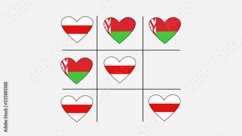 Animation or motion graphics Game tic-tac-toe with hearts with red-green flag and white-red-white flag of new Belarus peaceful revolution and change of government photo