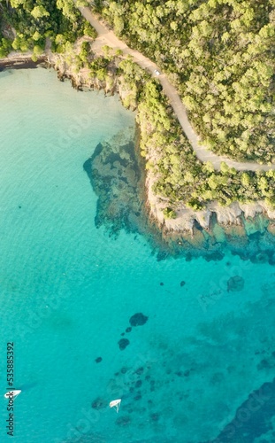 Aerial drone photo of a tropical island in the French mediterranean