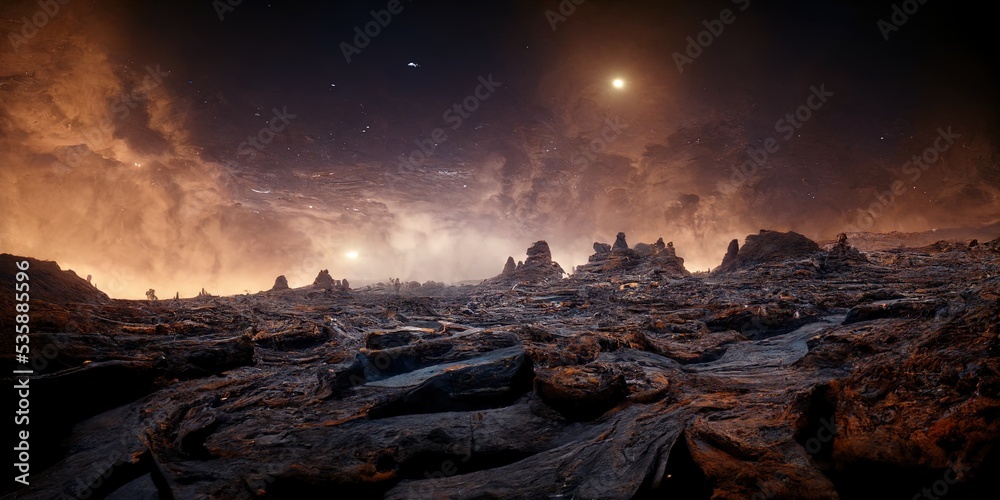 Alien planet fantasy wallpaper landscape 3D illustration with copy space