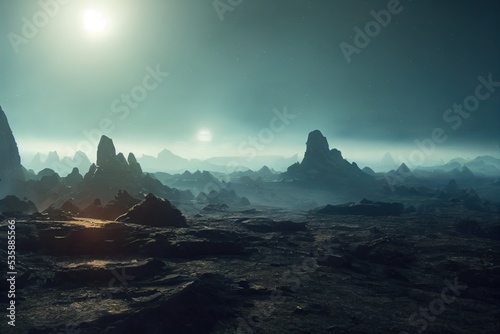 Alien planet fantasy wallpaper landscape 3D illustration with copy space