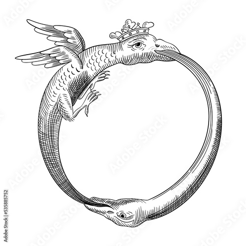Ouroboros. Dragon in the crown, eating a snake. Old medieval style. Alchemy sacral symbol. Tattoo. Hand drawn black engraving illustration, isolated on white background. Vector EPS10. 