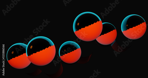 Render with dark red spheres with blue highlights on a reflective surface